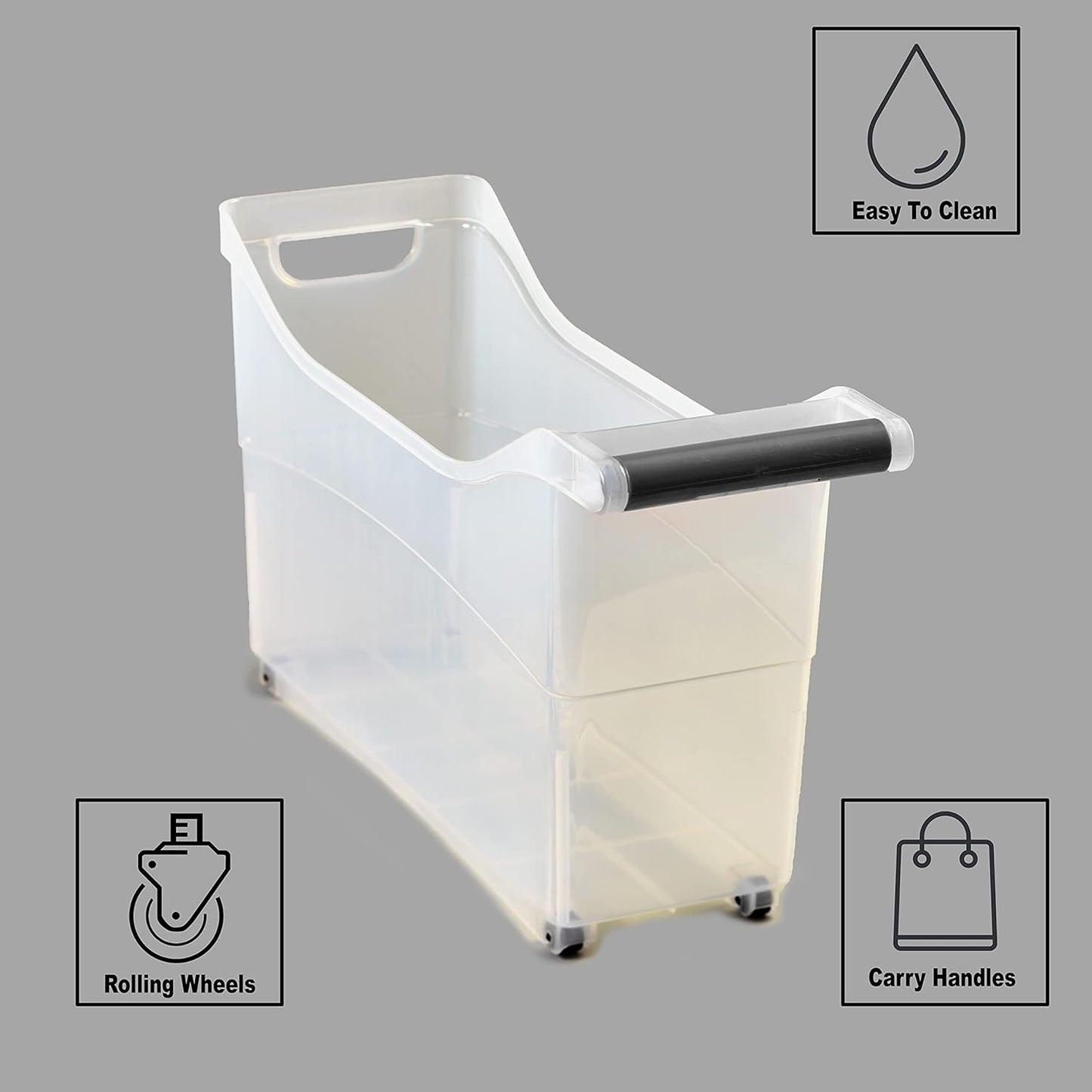 Storage Bin with Handle and Rolling Wheels for Kitchen Organization Plastic - Black