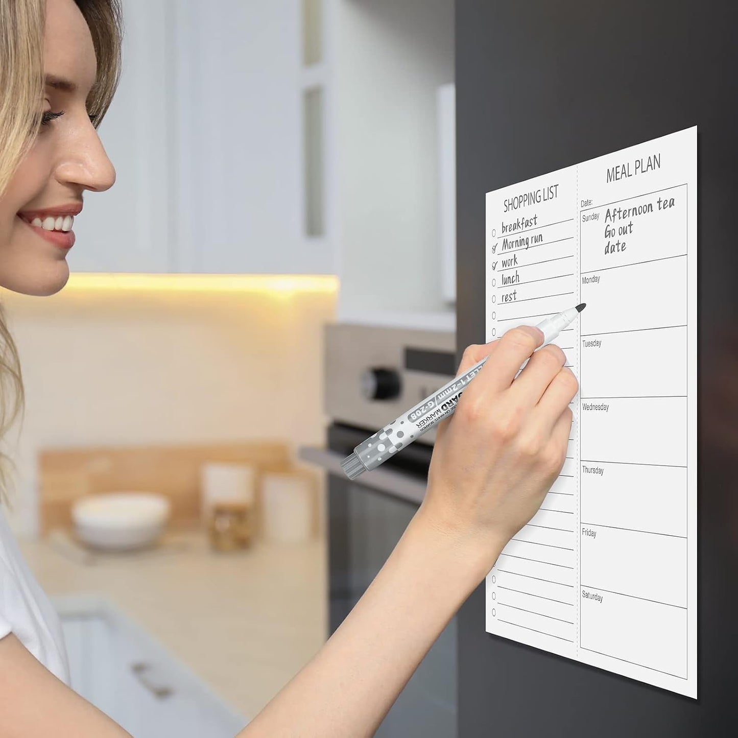 Gueevin 2 Pcs Magnetic Dry Erase Grocery List for Fridge 10" x 12" Magnet White Board Sheet with 8 Whiteboard Markers 2 Eraser Reusable for Refrigerator Kitchen Locker Cabinet Door(Black Line)