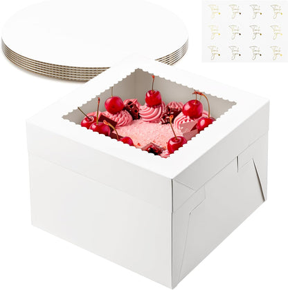 ZORRITA 2 Pack Cake Boxes, 10 x 10 x 8 Inches Tall Cake Boxes with Cake Boards, Disposable Cake Containers with Lids and Window for Wedding, Birthday, Party