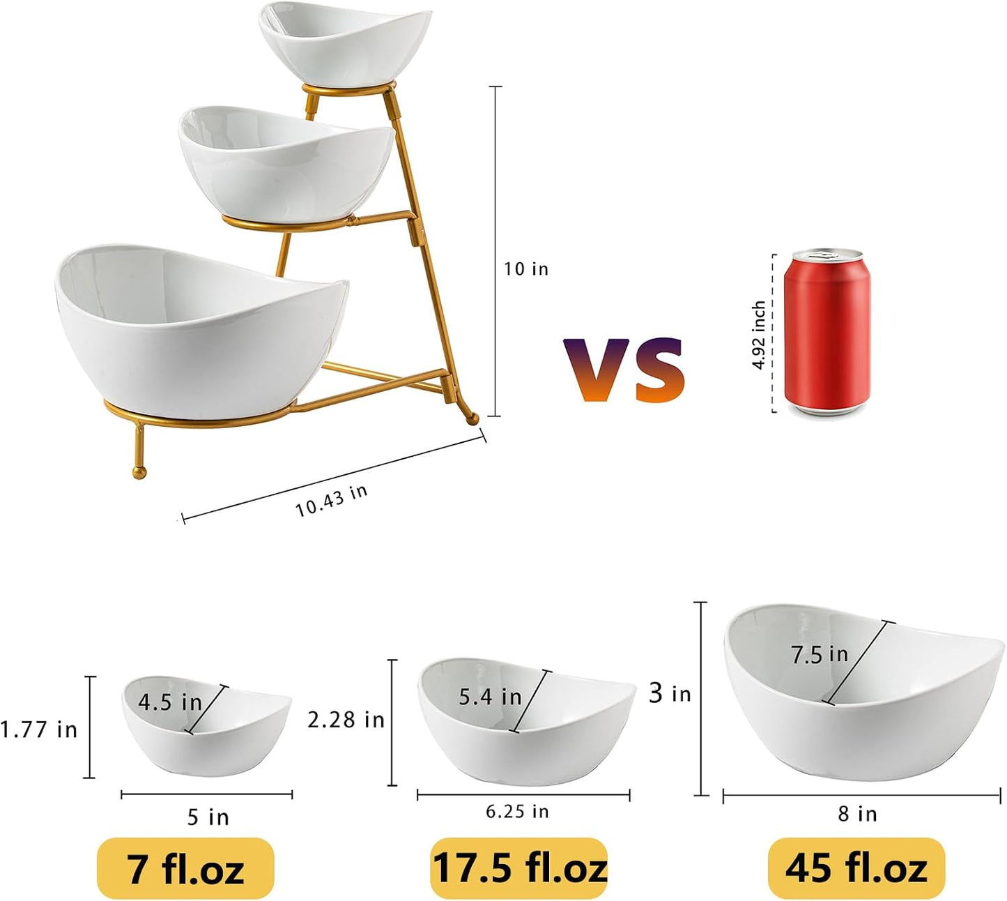 Gomakren 3 Tiered Oval Serving Bowl with Collapsible Metal Rack, Chip and Dip Serving Set, Dessert Appetizer Bowl Set (45oz / 17.5oz / 7oz), Serving Bowls For Mothers Day Entertaining (Gold Stand)
