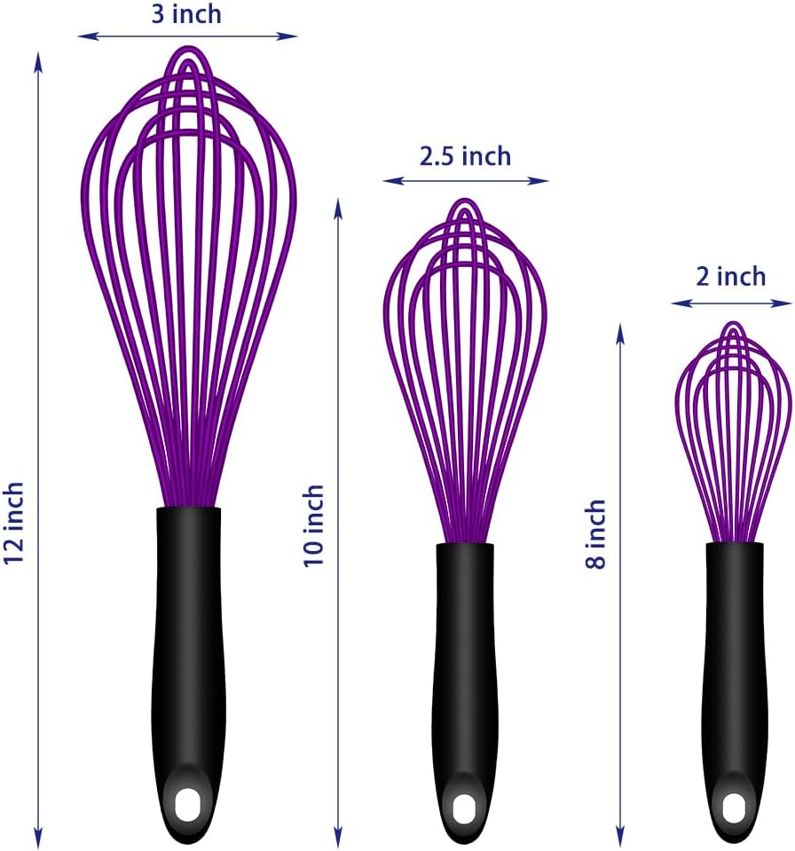OYV Dishwasher Safe Silicone Whisk, Sealed Waterproof Design Set of 3, Professional Kitchen Whisks for Cooking Non-Scratch, Silicone & Stainless Steel Whisk, Heat Resistant Balloon Egg Beater, Black