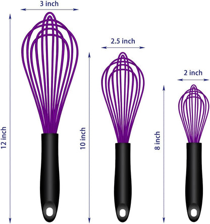 OYV Dishwasher Safe Silicone Whisk, Sealed Waterproof Design Set of 3, Professional Kitchen Whisks for Cooking Non-Scratch, Silicone & Stainless Steel Whisk, Heat Resistant Balloon Egg Beater, Black