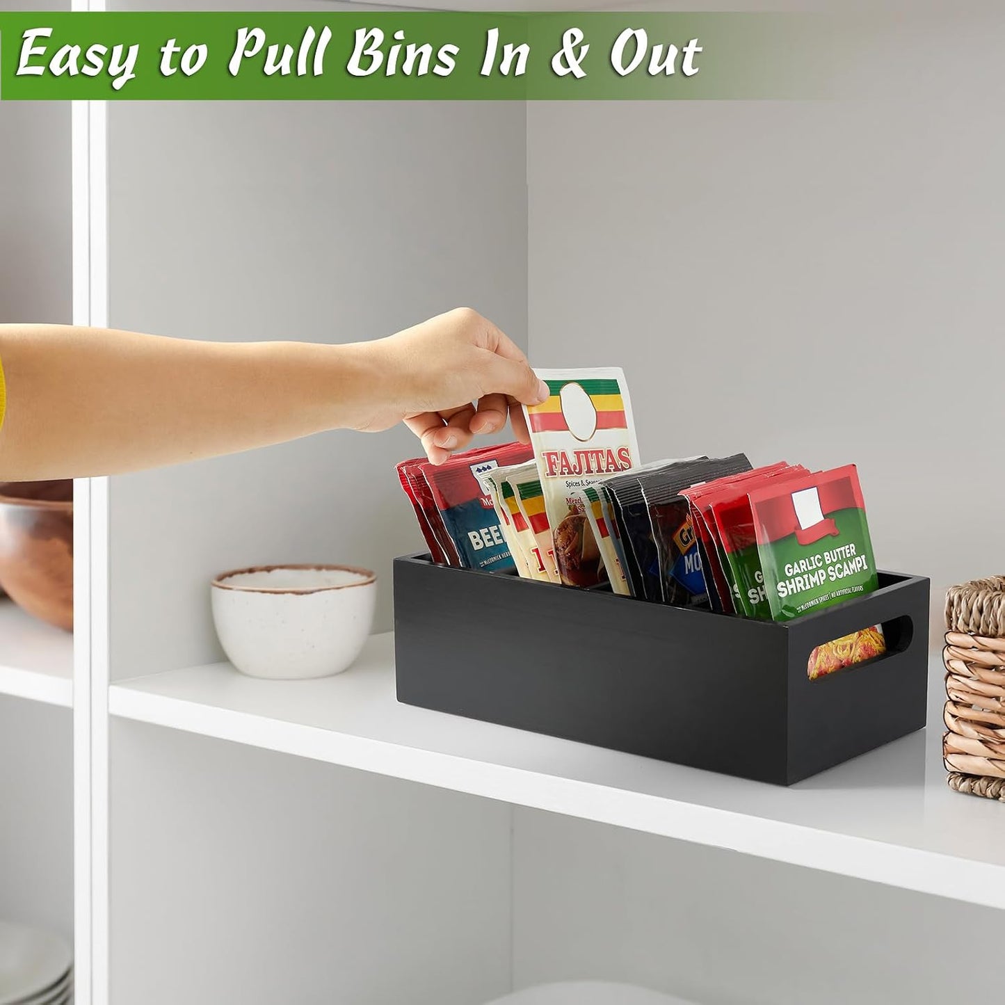 DRASTAR Pantry Organization and Storage Bins, Seasoning Packet Organizer with Removable Dividers,Wooden Storage Caddy for Kitchen, Pantry, Cabinet, Countertop, White