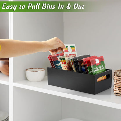 DRASTAR Pantry Organization and Storage Bins, Large Snack Organizer with Removable Dividers, Wooden Storage Caddy for Kitchen, Pantry, Cabinet, Countertop, Black