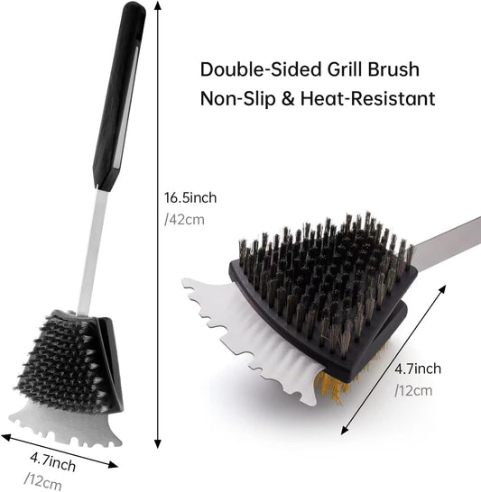 Double Sided Grill Cleaning Brush and Scraper, 16.5" BBQ Brush, Barbecue Cleaner with Stainless & Brass Bristles, Grilling Grate Cleaner, Safe Grill Accessories for Cast Iron/Stainless Steel Grate