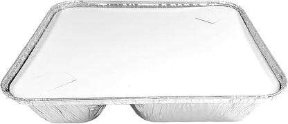 PACTOGO Large 3-Compartment Oblong Aluminum Foil Take-Out Pan Senior Feeding TV Dinner Entrée Tray w/Board Lid (Pack of 10 Sets)