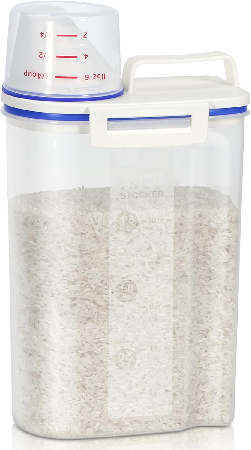 TBMax Rice Storage Container 2 Pack, Plastic Kitchen Pantry Food Storage Container with Cup, Small Pet Dog Cat Food Container Dispenser