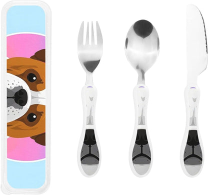 3-Piece Kids Silverware Set With Storage Case, Stainless Steel Reusable Children Safe Knife Spoon Fork Set Cute Puppy Children Flatware Set For Kids Lunch Box