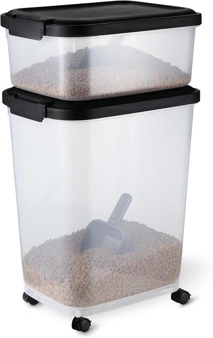 Amazon Basics Pet Food Storage Container with Rolling Wheels, BPA-Free, Detachable Scoop, 50lbs Capacity