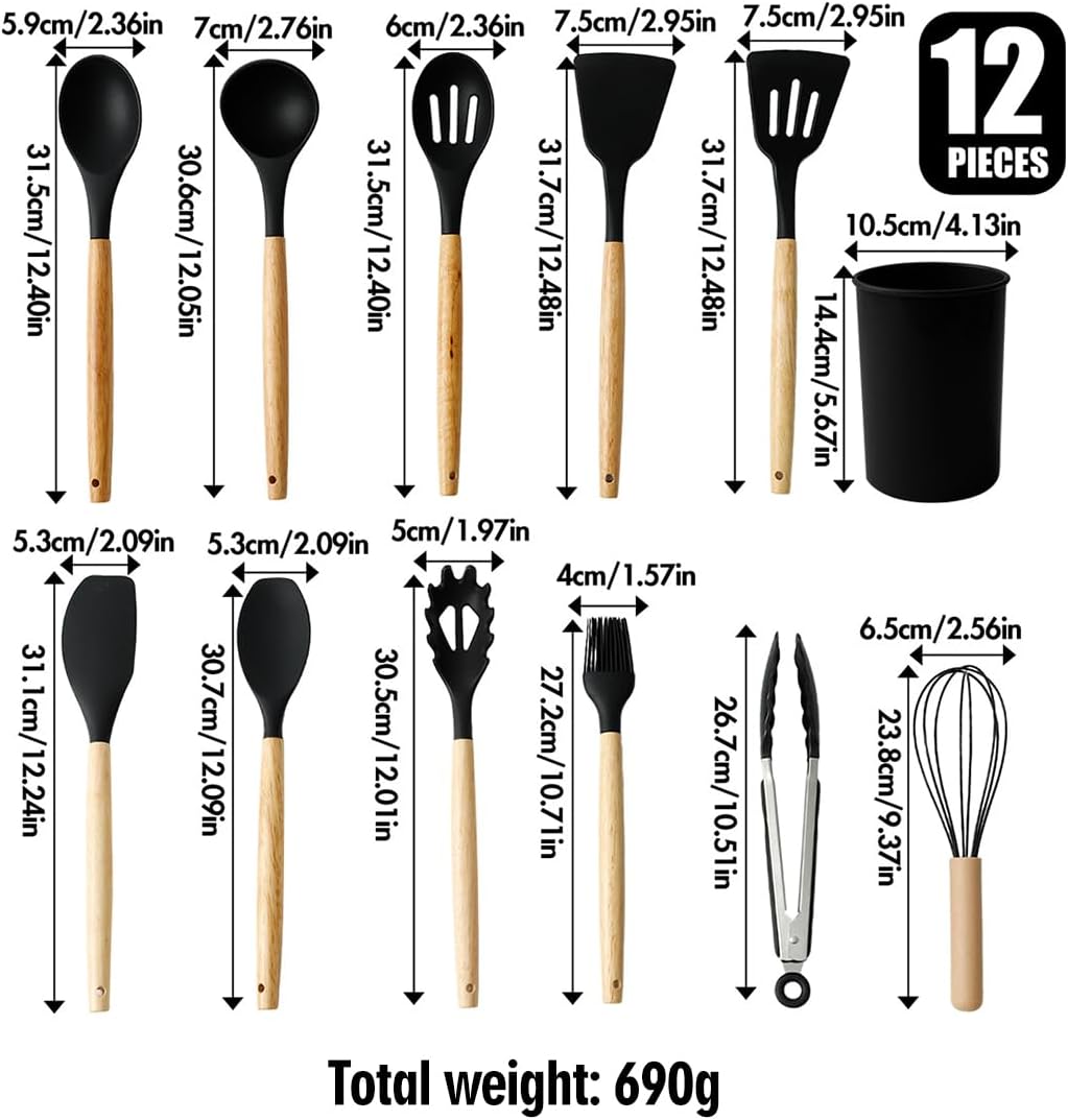 Eco-Friendly Silicone Kitchen Utensil Set, 12-Piece Nonstick Cooking Tools with Plastic Holder Stand (BPA-Free)