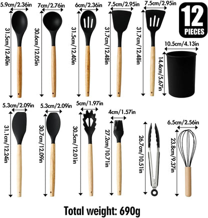 Eco-Friendly Silicone Kitchen Utensil Set, 12-Piece Nonstick Cooking Tools with Plastic Holder Stand (BPA-Free)