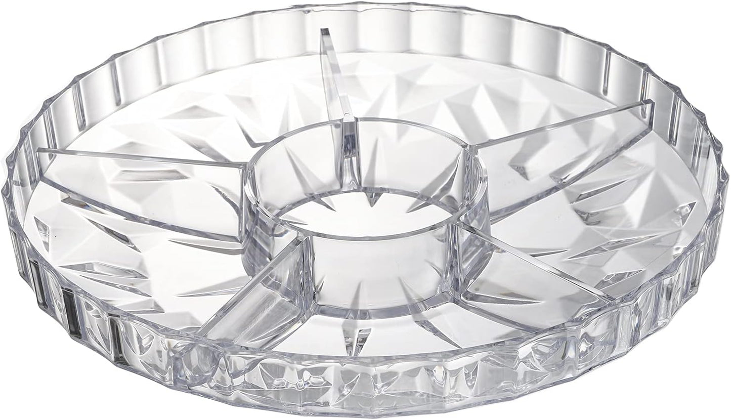 ZOOFOX Snack Serving Tray, 12" Appetizer Tray with Lid, 6 Compartments Round Plastic Food Storage Organizer for Dried Fruits, Nuts, Candies, Sweet Cookies and Fruits (Clear)
