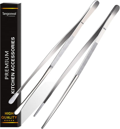 2 Pcs 12-Inch Cooking Tweezers Tongs,Extra-Long Stainless Steel Kitchen Tweezer Tongs - Black