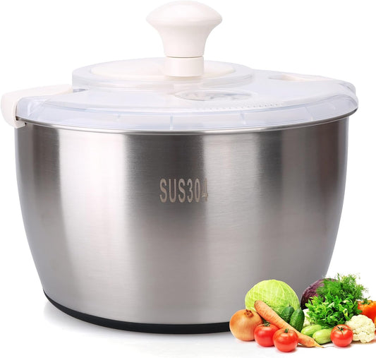 Stainless Steel Salad Spinner, 5 Quart Lettuce Washer Dryer Bowl for Greens | 5 quart stainless steel salad spinner helps wash and dry lettuce, greens and vegetables with bowl for daily kitchen prep use