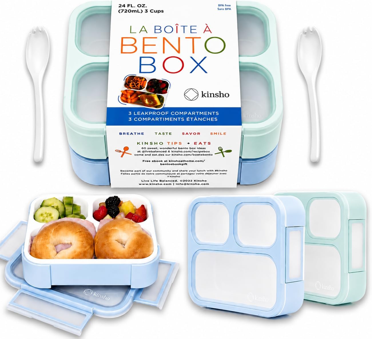 kinsho Medium Bento Boxes for Kids, Lunch Box for Boys Girls Toddler Adults, Leak-Proof 3 Compartment Containers for Meal or Snack at School Daycare Work Travel, BPA Free 2 Pack (Pastel Blue + Pink)