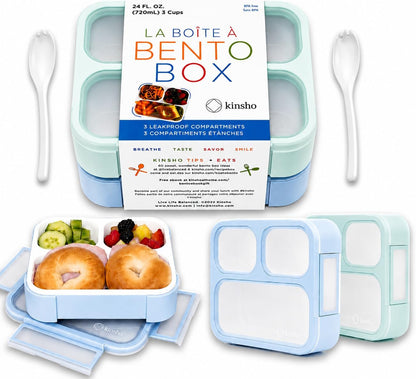 kinsho Medium Bento Boxes for Kids, Lunch Box for Boys Girls Toddler Adults, Leak-Proof 3 Compartment Containers for Meal or Snack at School Daycare Work Travel, BPA Free 2 Pack (Pastel Blue + Pink)