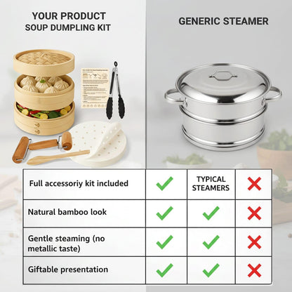 Bamboo Steamer Basket 10 Inch | 2 Tier Dumpling and Dim Sum Steamer for Bao Buns Vegetables and Asian Cooking | Bamboo Steaming Basket Set with Parchment Liners and Food Tongs