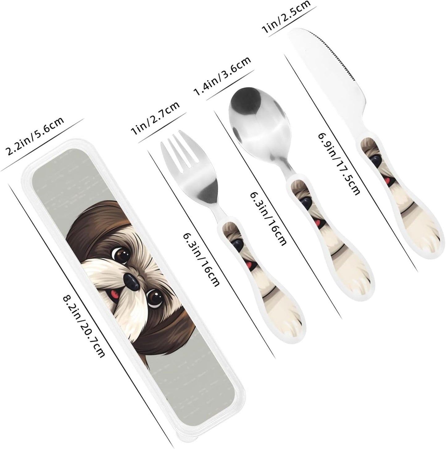 3-Piece Kids Silverware Set With Storage Case, Stainless Steel Reusable Children Safe Knife Spoon Fork Set Shih Tzu Dog Children Flatware Set For Kids Lunch Box