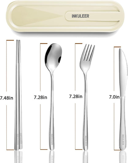 iNKULEER Travel cutlery set, 18/8 stainless steel cutlery, Reusable utensils set with case, Portable Silverware Lunch Box for Camping and Office (Pink)