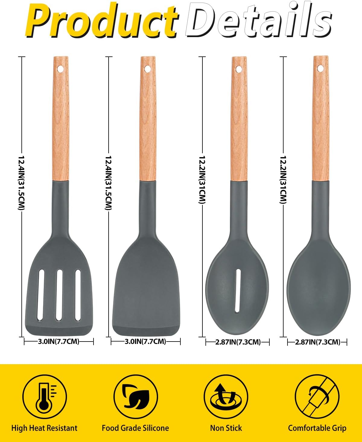 Pack of 4 Silicone Cooking Utensils Set, Non Stick Solid Spatulas and Heat Resistant Slotted Spoons with Wooden Handle, Ideal Wood Kitchen Utensils Set for Frying,Serving,Turning,Stirring (KHAKI)