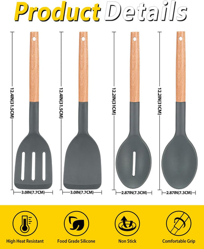 Pack of 4 Silicone Cooking Utensils Set, Non Stick Solid Spatulas and Heat Resistant Slotted Spoons with Wooden Handle, Ideal Wood Kitchen Utensils Set for Frying,Serving,Turning,Stirring (KHAKI)
