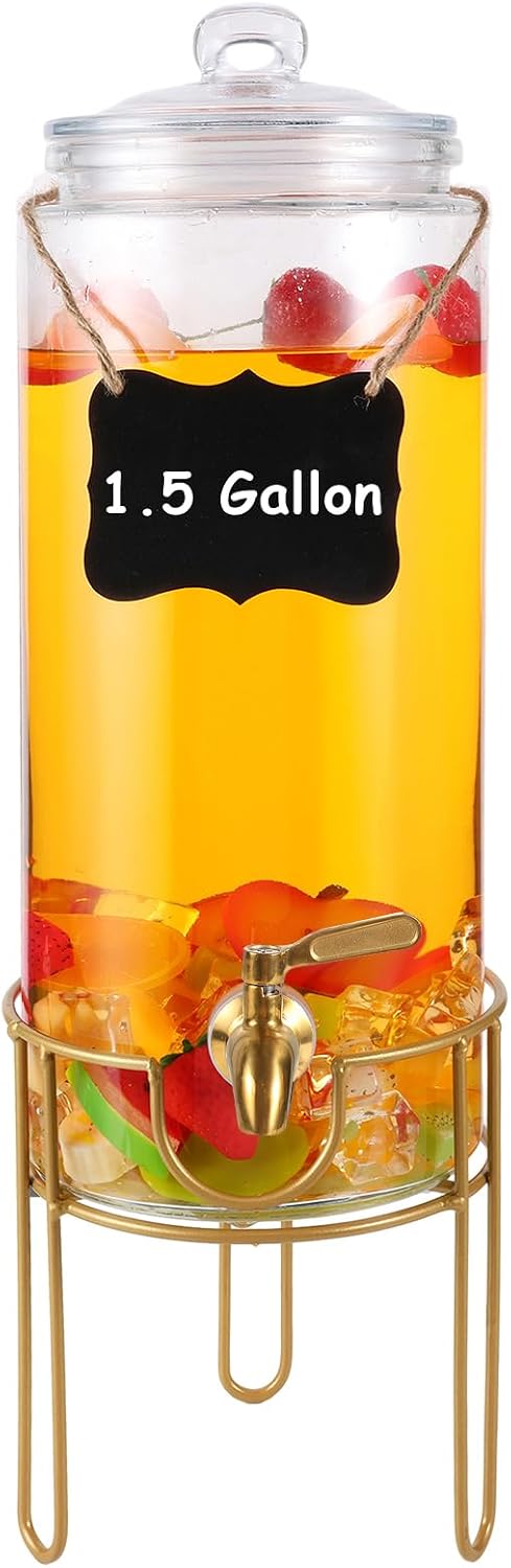 1.5 Gallon Drink dispenser, Glass Beverage Dispenser With Stand, Drink Dispensers for Parties With Stainless Steel Spigot + Marker & Chalkboard 100% Leakproof. Perfect For Parties And Daily Use