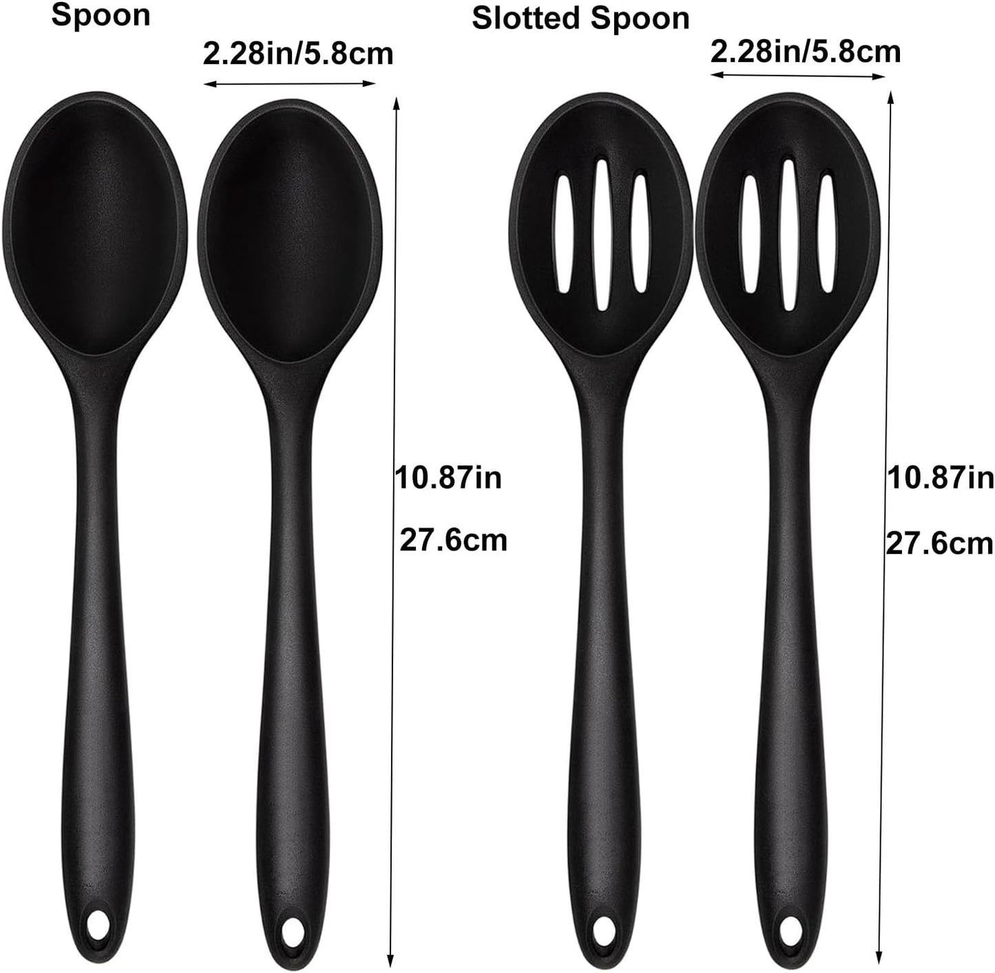 Silicone Cooking Spoon, Nonstick Kitchen Spoons Set for Cooking,Slotted and Solid Serving Spoon Heat Resistant, Silicone Mixing Basting Stirring Spoons for Nonstick Cookware 4 Pack (Black)