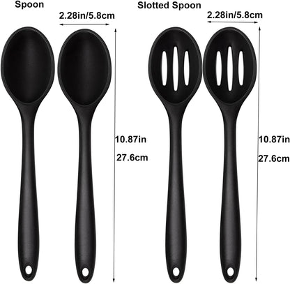 Silicone Cooking Spoon, Nonstick Kitchen Spoons Set for Cooking,Slotted and Solid Serving Spoon Heat Resistant, Silicone Mixing Basting Stirring Spoons for Nonstick Cookware 4 Pack (Black)