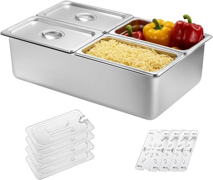3/4/6 Compartment Stainless Steel Fruit Serving Set with Removable Acrylic Lids, Drainage Mats - Commercial Food Storage Containers for Buffet, Restaurant (3-Pan)