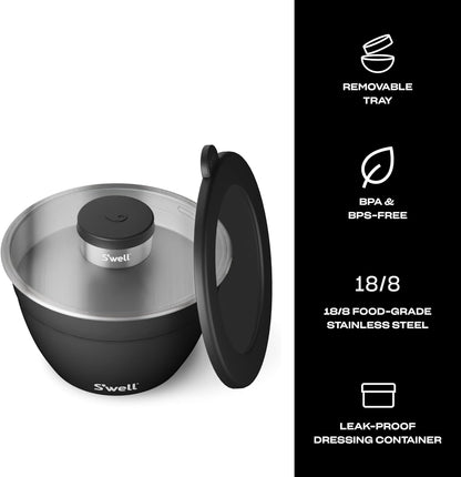 S'well Stainless Steel Salad Bowl Kit 64oz, Peacock Blue, Comes with 2oz Mini Canister and Removable Tray for Organization, Leakproof, Easy to Clean, Dishwasher Safe