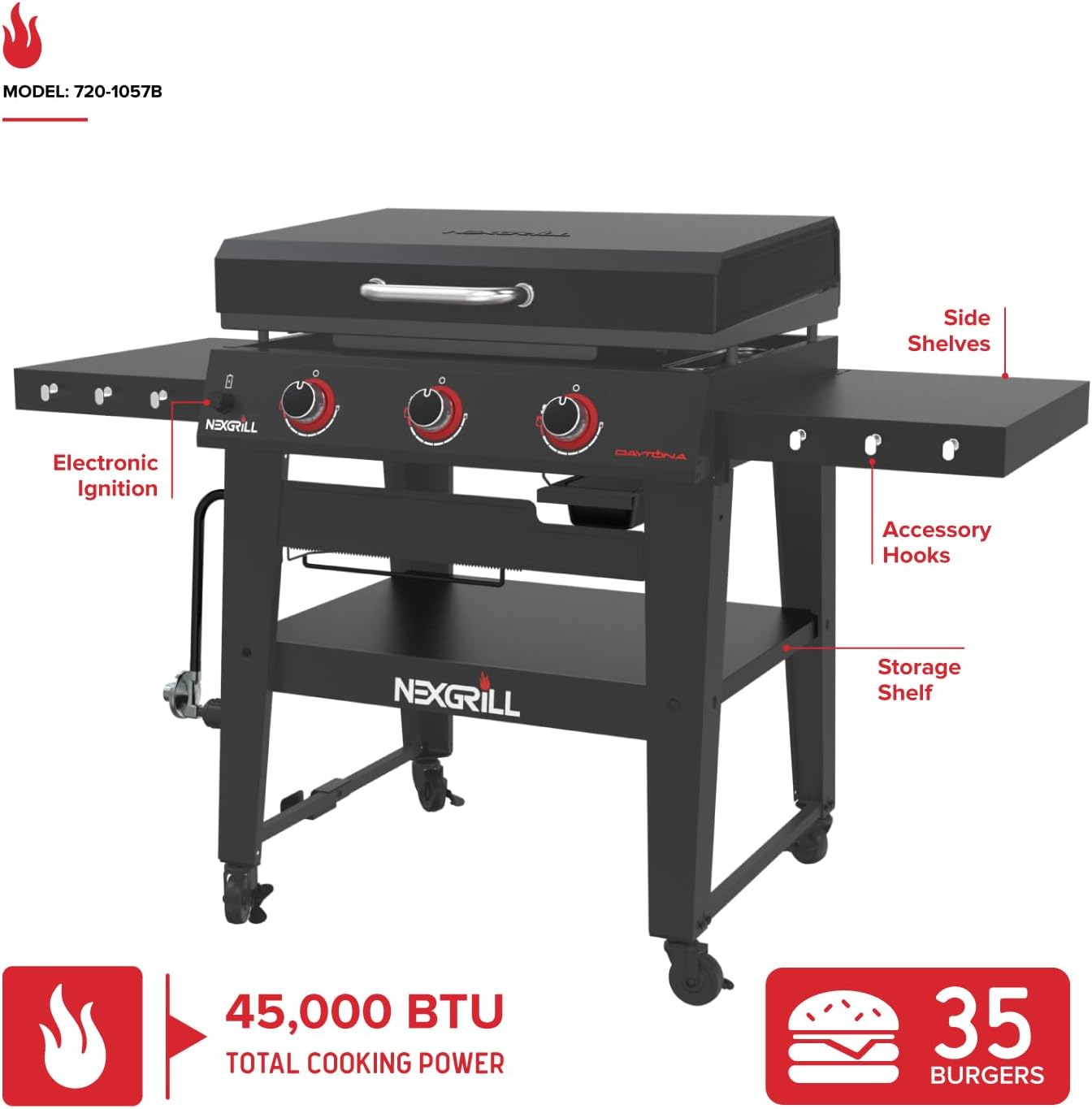 Nexgrill Daytona 4-Burner Propane Gas Griddle with Side Tables, 60000 BTU Flat Top Grill, 756 SQ In. Hot-Rolled Steel Cooking Space, Outdoor Cooking Barbeque, Black/Silver - 720-1058A