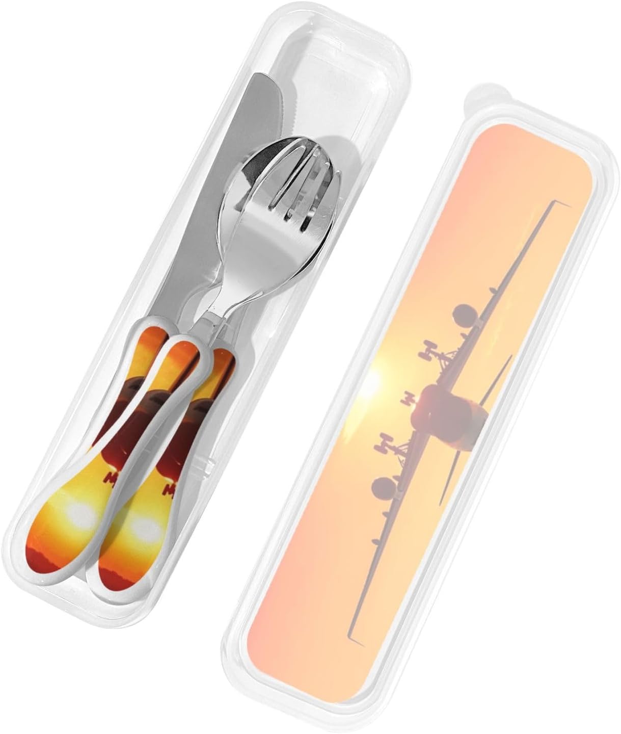 3-Piece Kids Silverware Set With Storage Case, Stainless Steel Reusable Children Safe Knife Spoon Fork Set Airplane Sunset Children Flatware Set For Kids Lunch Box
