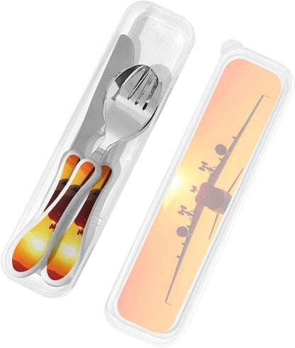 3-Piece Kids Silverware Set With Storage Case, Stainless Steel Reusable Children Safe Knife Spoon Fork Set Airplane Sunset Children Flatware Set For Kids Lunch Box