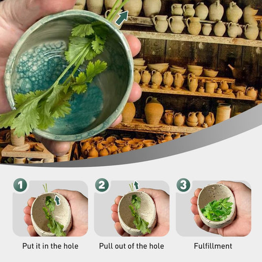 Pottery Herb Stripper Bowl, Upgrade Pottery Herb Stripper Cup Ceramic Herb Peeling Cup, Handmade Different Round Hole Sizes Suitable for Peeling Off The Leafy Assembly (A)