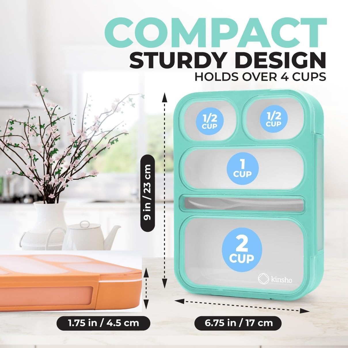 kinsho Bento Lunch-Box for Adults Kids Lunches, Portion Control Container Boxes for Women Girls Boys | Leak-Proof Snack Containers, BPA-Free Utensils 5 Compartments | Blue & Green 2 Pack Set
