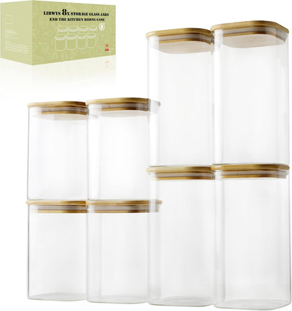 LIBWYS 12-Pack Square Glass Storage Jars with Bamboo Lids (0.6Qt/1.06Qt) - Stackable Food Containers for Pantry Organization, Coffee, Flour, Snacks, Tea | Kitchen Canisters Set