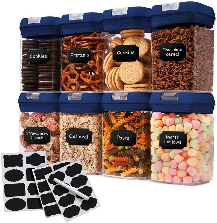 28 oz Airtight Food Storage Containers with Navy Flip-Top Lids (8-Pack), BPA-Free Stackable Pantry Organizers
