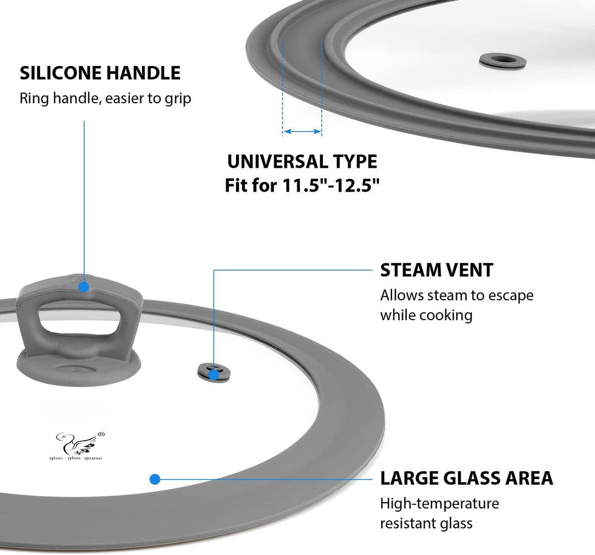 Vented Tempered Glass Universal Lid for Pot Pan Skillet with Heat Resistant Silicone Rim Microwave Splatter Lid Cover Microwave Safe Fit 11.5" 12" 12.5" Cookware, Dishwasher Safe Grey