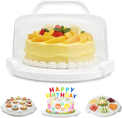 Plastic Cake Carrier with Lid and Handle, Multipurpose Cake Stand Holder Container for 11 in Cake, Round Cupcake Storage Box Serving Tray with Cover for Bundt Dessert Pie Pizza Eggs Fruit White