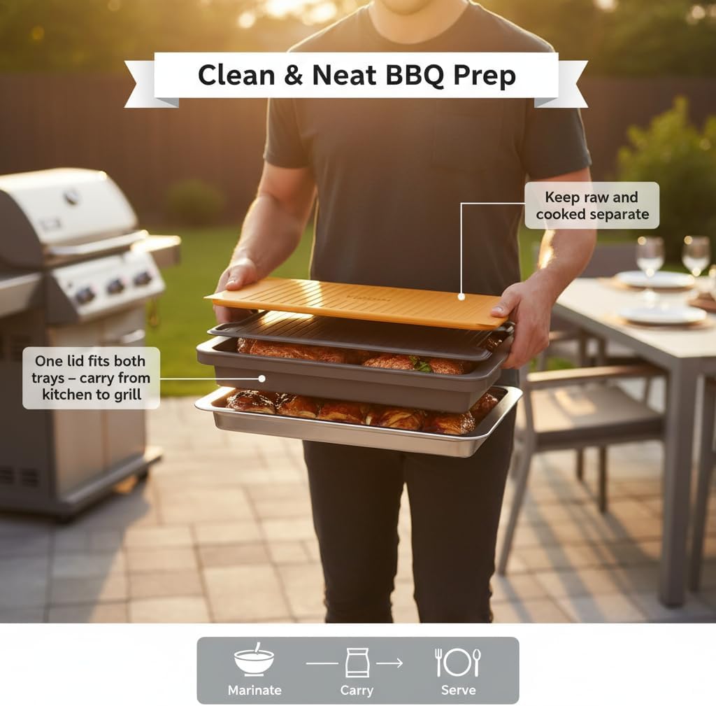 PREP ‘N Serve Premium Set™ - Plastic Container with Lid for Marinades, Stainless Steel Serving Tray, Aluminum Defrosting Tray, and a Plastic Cutting Board - the Ultimate BBQ Food Prep Utensil Set