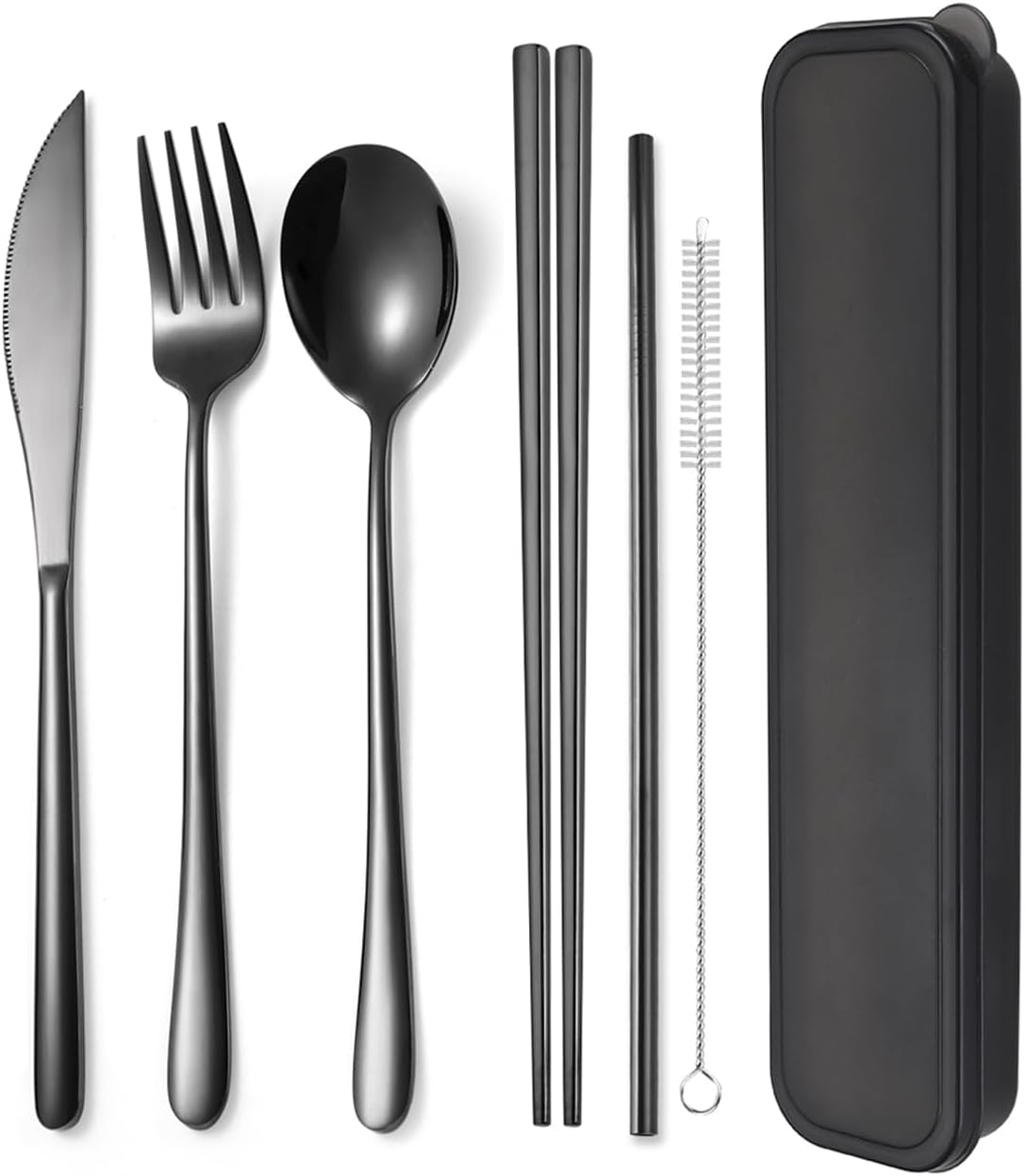 AARAINBOW 6 Pieces 18/8 Stainless Steel Flatware Set Portable Reusable Cutlery Set Travel Utensils Set Including Chopsticks Knife Fork Spoon Straws Cleaning Brush Dishwasher Safe (Green golden)
