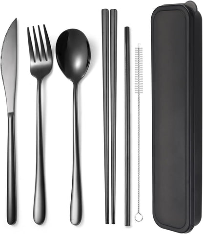 AARAINBOW 6 Pieces 18/8 Stainless Steel Flatware Set Portable Reusable Cutlery Set Travel Utensils Set Including Chopsticks Knife Fork Spoon Straws Cleaning Brush Dishwasher Safe (Green golden)