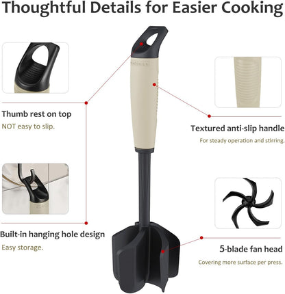 Ourokhome Meat Chopper and Potato Masher, Heat Resistant Nylon Ground Beef Smasher for Hamburger, 5 Curved Blades Nonstick Safe Mixer & Stirrer, Practical Kitchen Gadgets, Mint