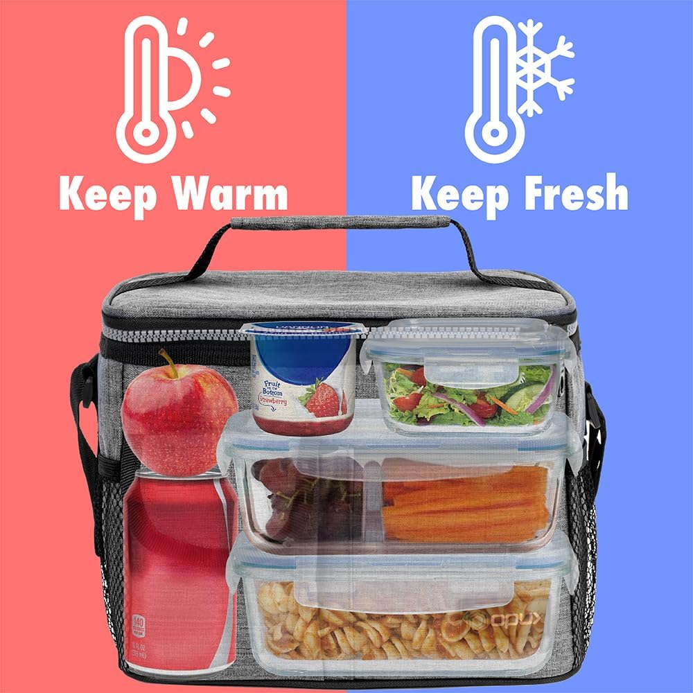 opux Insulated Lunch Bag for Men Women, Leakproof Black Lunch Box for Work, Portable Soft Lunch Cooler Bag with Shoulder Strap, Adult Lunchbox Lunch Pail for Kid Boy Girl School, 14 Can/8L