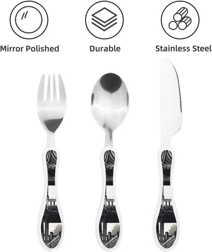 3-Piece Kids Silverware Set With Storage Case, Stainless Steel Reusable Children Safe Knife Spoon Fork Set Blue Active Girl Running Sunset Children Flatware Set For Kids Lunch Box - Colors A