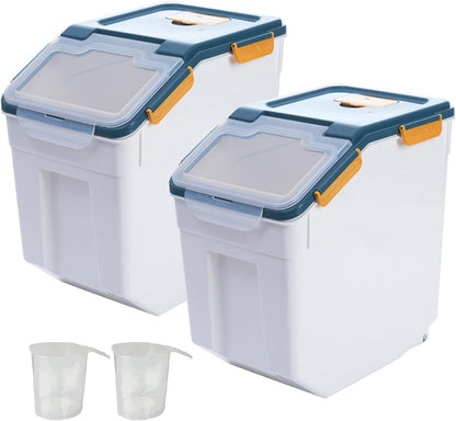 Large Flour Storage Container Bin 25lb, 2Pack Airtight Rice Storage Containers with Measuring Cup&Scoop, BPA Free with Wheels Seal Locking Lid for Flour, Rice, Grain (50LBS Total, Blue)