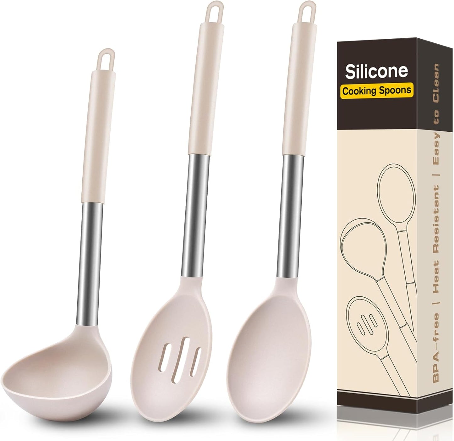 3Pcs Silicone Cooking Spoon Set, Kitchen Utensils Include Solid & Slotted Spoon, Soup Ladle, Food-Grade Heat Resistant 446°F, Non-Scratch Spoons for Serving, Stirring, Draining, Dishwasher Safe, Gray