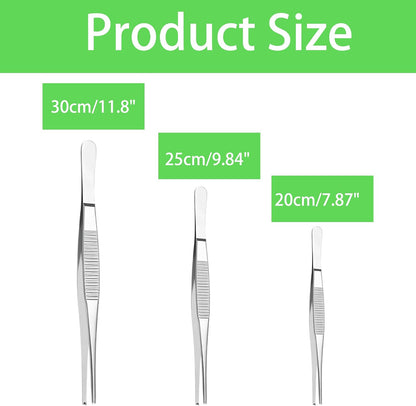 3PCS Stainless Steel Tweezers Set 8" 10" 12", Long Kitchen Tongs with Precision Serrated Tips for Cooking, Medical, Garden, Aquarium and Laboratory Use