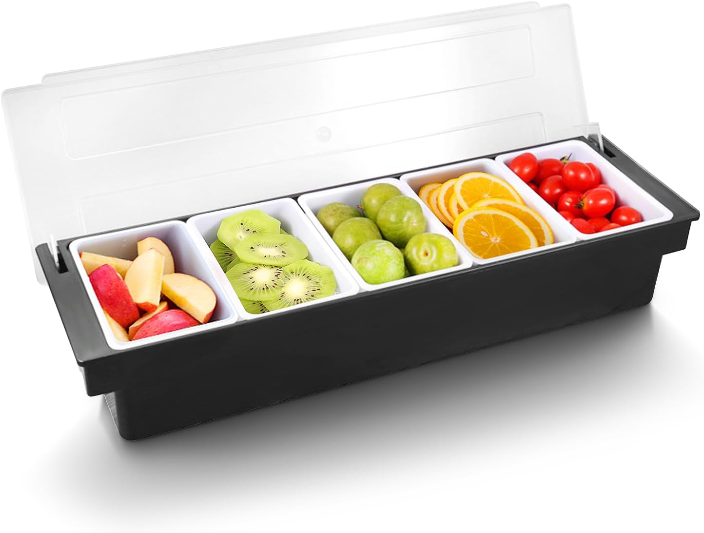 WICHEMI Fruit, Veggie & Condiment Caddy with Lid Dispenser Tray Plastic Garnish Station for Bartending & Serving Taco, Ice Cream, Salad Bar - Topping Organizer for Restaurant Supplies (3 Compartment)