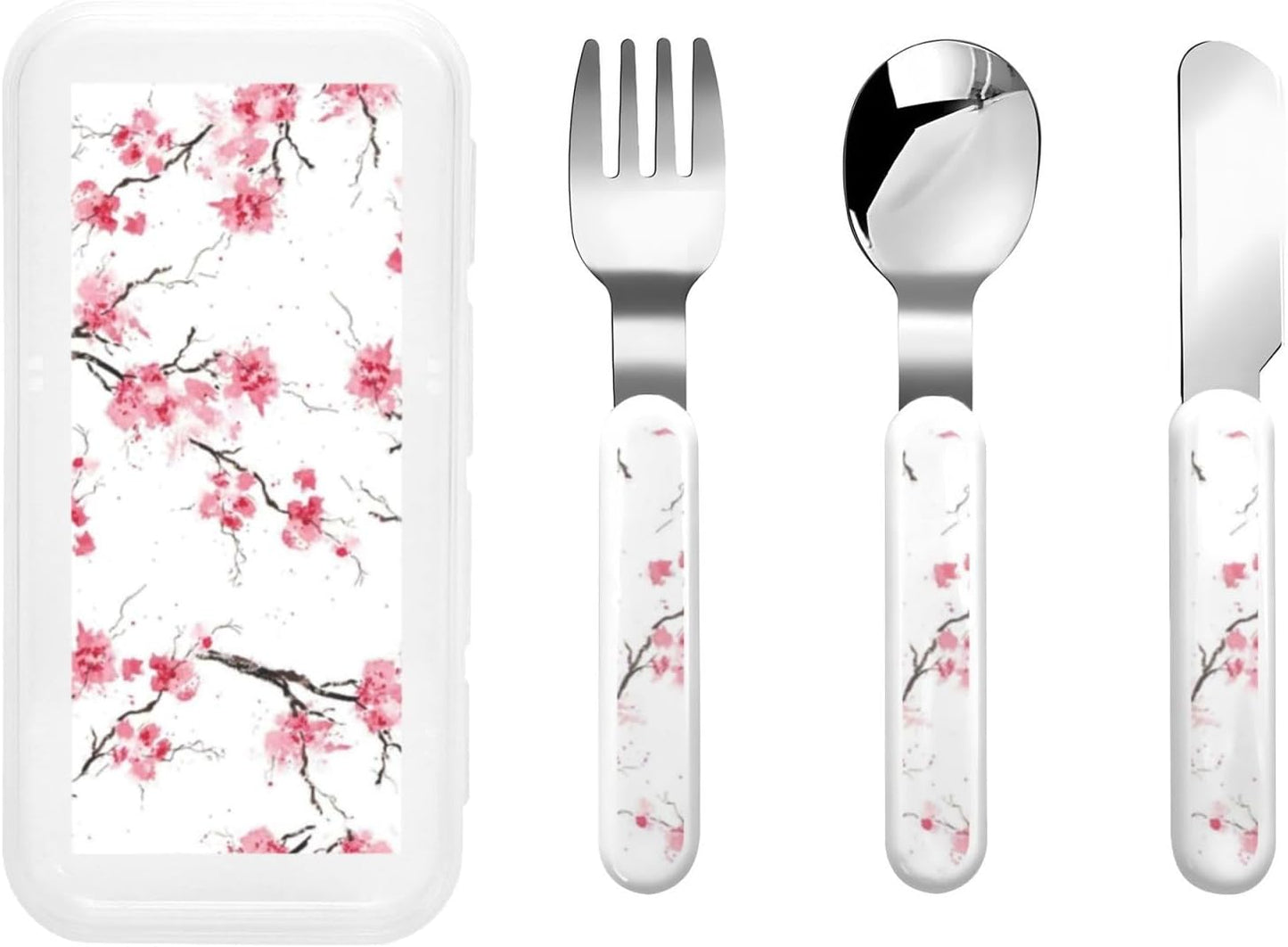 Stainless Steel Kids Silverware Set, Cherry Blossom Utensil Set Reusable Children Safe Knife Spoon Fork Set With Storage Case Dishwasher Safe For Lunch, Travel Outdoors
